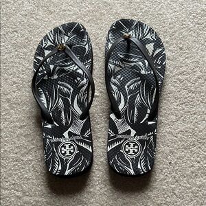 Tory Burch Black & White Tropical Logo Flip Flops